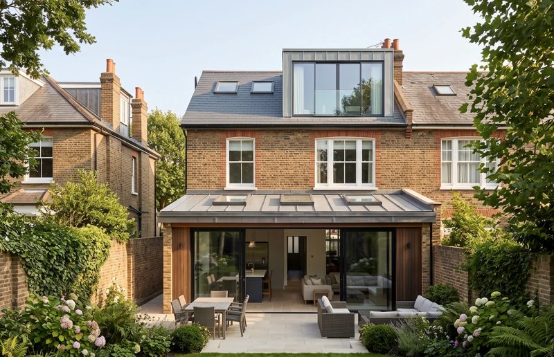 The rear of a London house with a zinc rear dormer and a single-storey extension with rooflights, opening on to the garden, built by NU Projects.